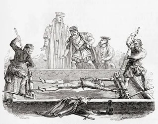 Cuthbert Simpson, également Symson, Simson ou Symion, torturé sur le chevalet dans la Tour de Londres, pendant la persécution mariale, 1558, de Old England: A Pictorial Museum, pub. 1847